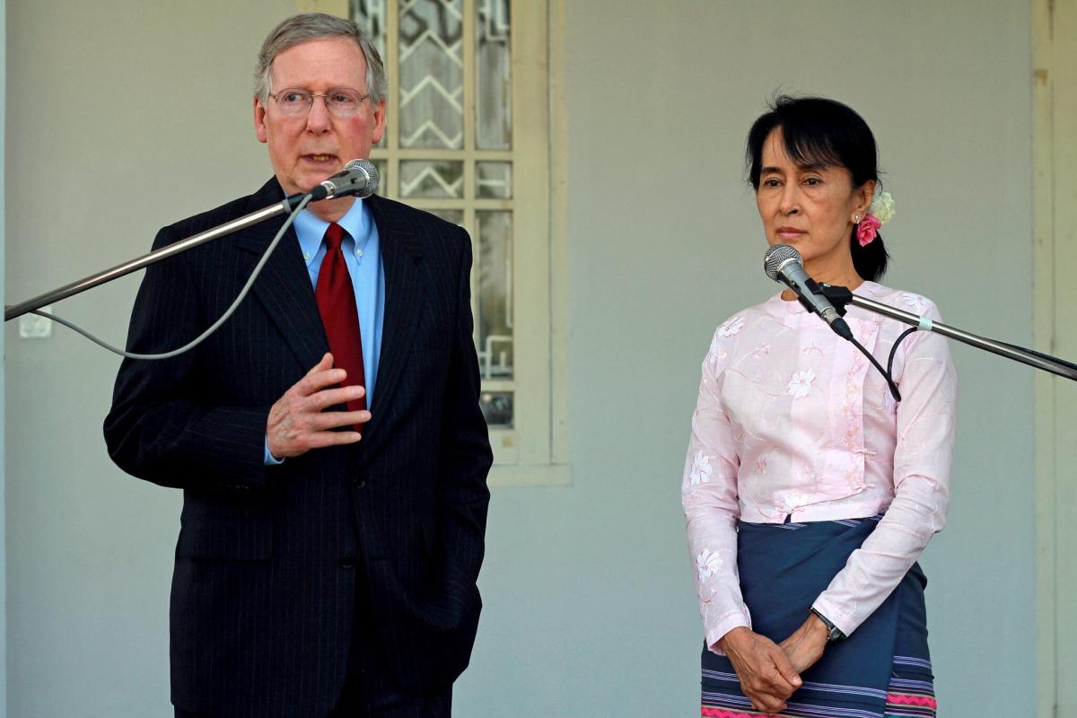 US Senator Mitch McConnell, the top Republican in the US Senate and a longtime force behind sanctions on Myanmar, addresses reporters following a meeting with Aung San Suu Kyi at her residence in Yangon in January 2012. (AFP)