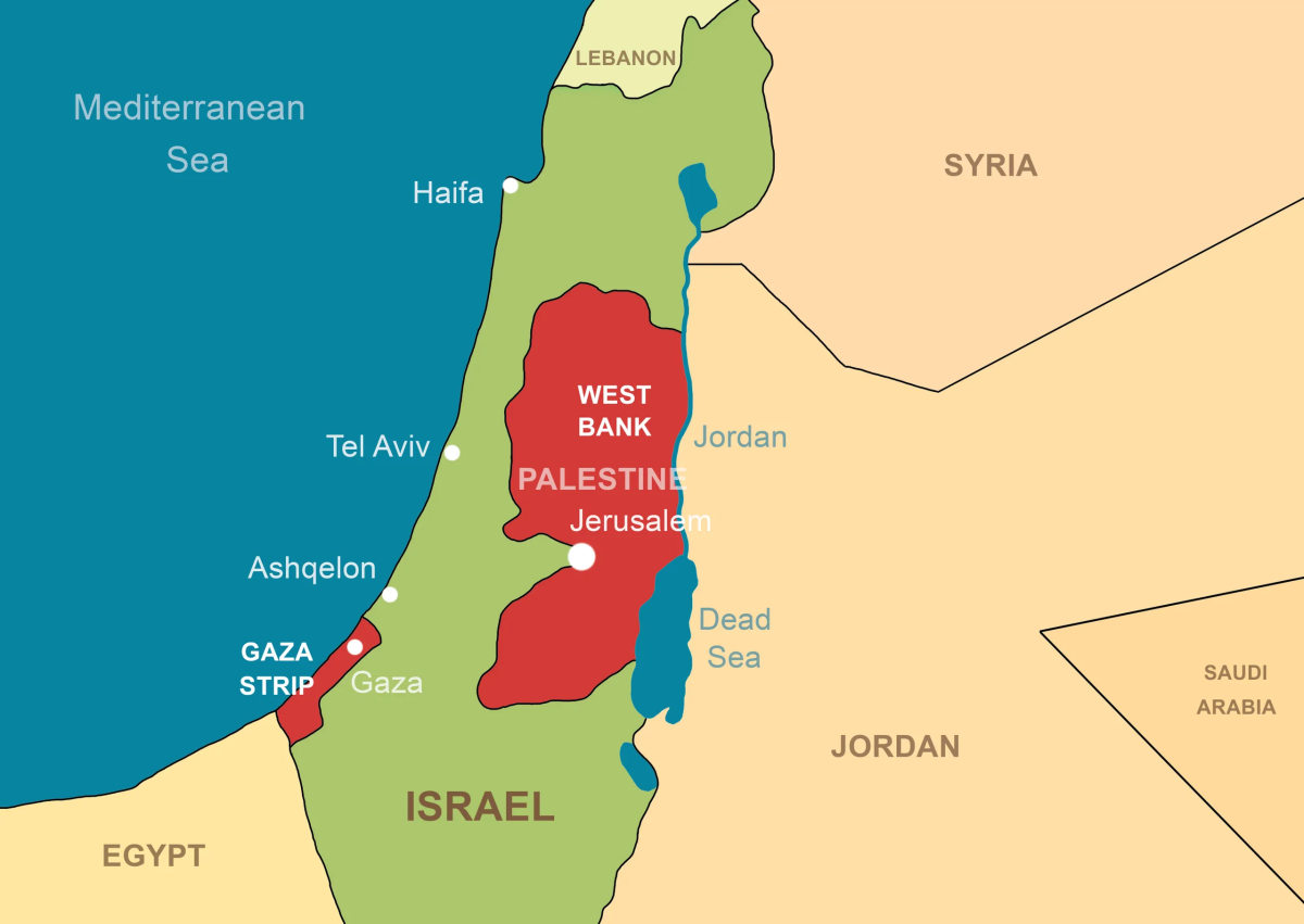 Israel and Palestine in Middle East on contour map. Palestinian territories of Gaza and West Bank. Jerusalem and Jordan River on outline map. Theme of Israel, war, conflict.  Show less  scaliger, Getty Images