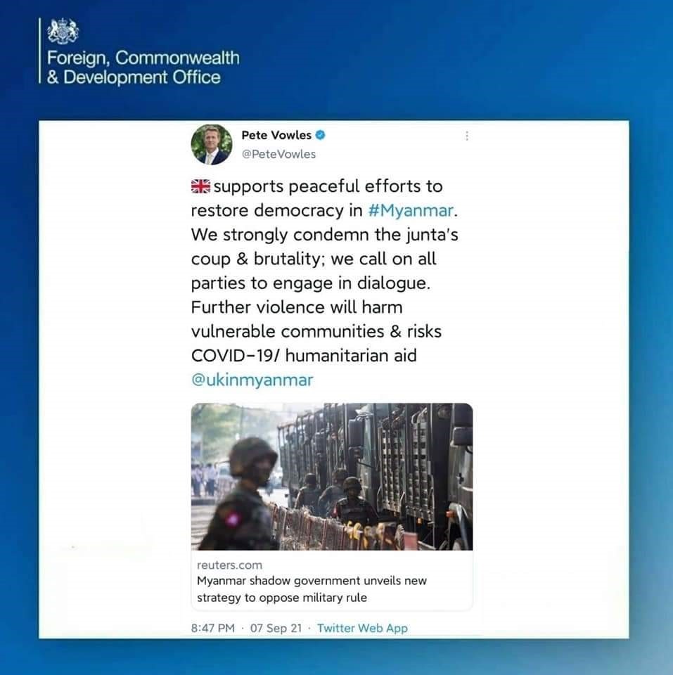 7 September 2021-dated tweet by the British Ambassador Designate to Myanmar