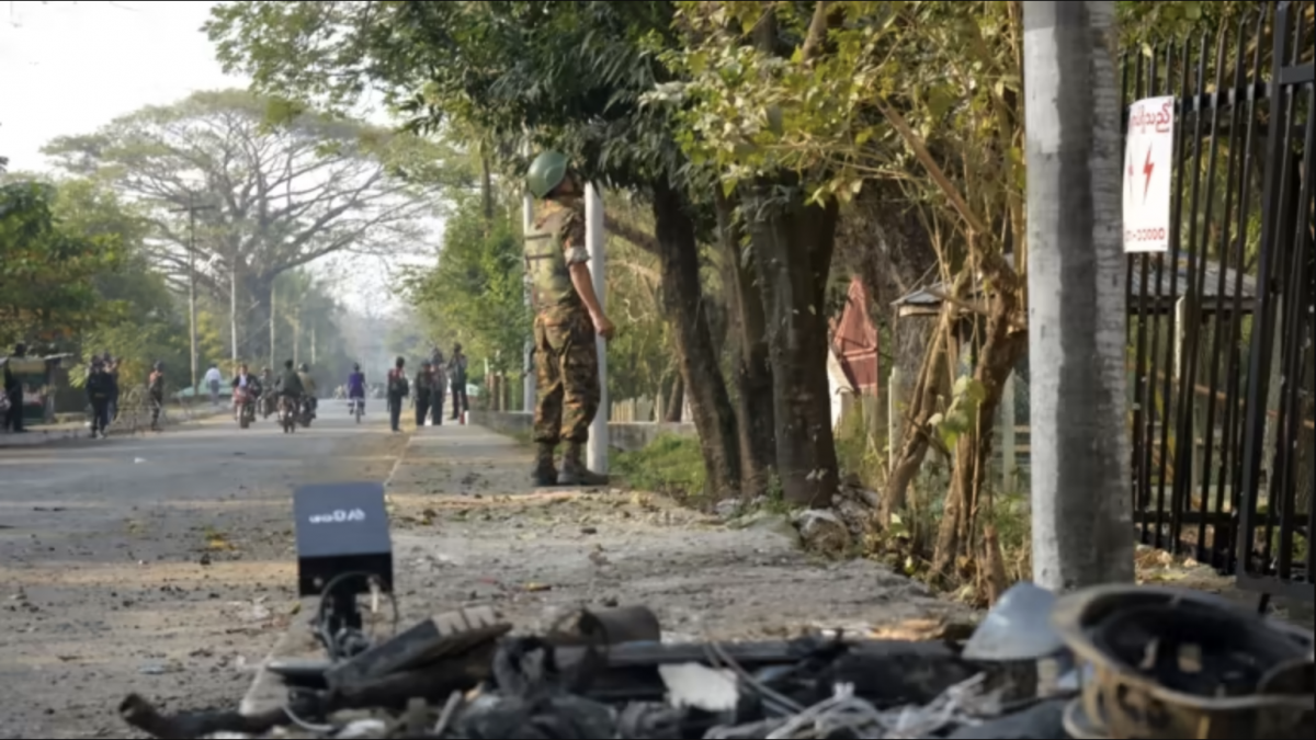Soldiers stand guard at the site of a bomb explosion in February 2018 in Sittwe, the capital of Rakhine state. (Getty Images)