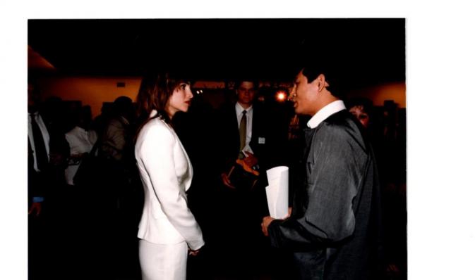 With Queen Rania Al Abdullah of Jordan at human rights award ceremony Trinity College Connecticut 30 March 2001