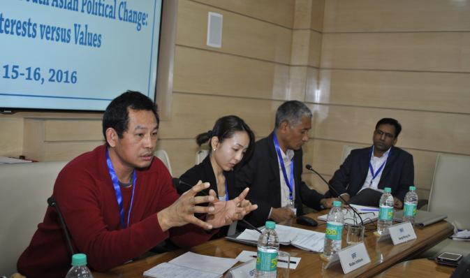 Zarni on the Burma panel in Delhi Feb 2016 with Nirinjan looking on